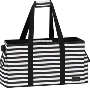 Standing  Utility Tote Bag with Hard Bottom & Hard Sides, Heavy Duty  Grocery Bags with Handles & 3 Pockets for Shopping, Picnics, Camping, Laundry, , Beach Tote Bag