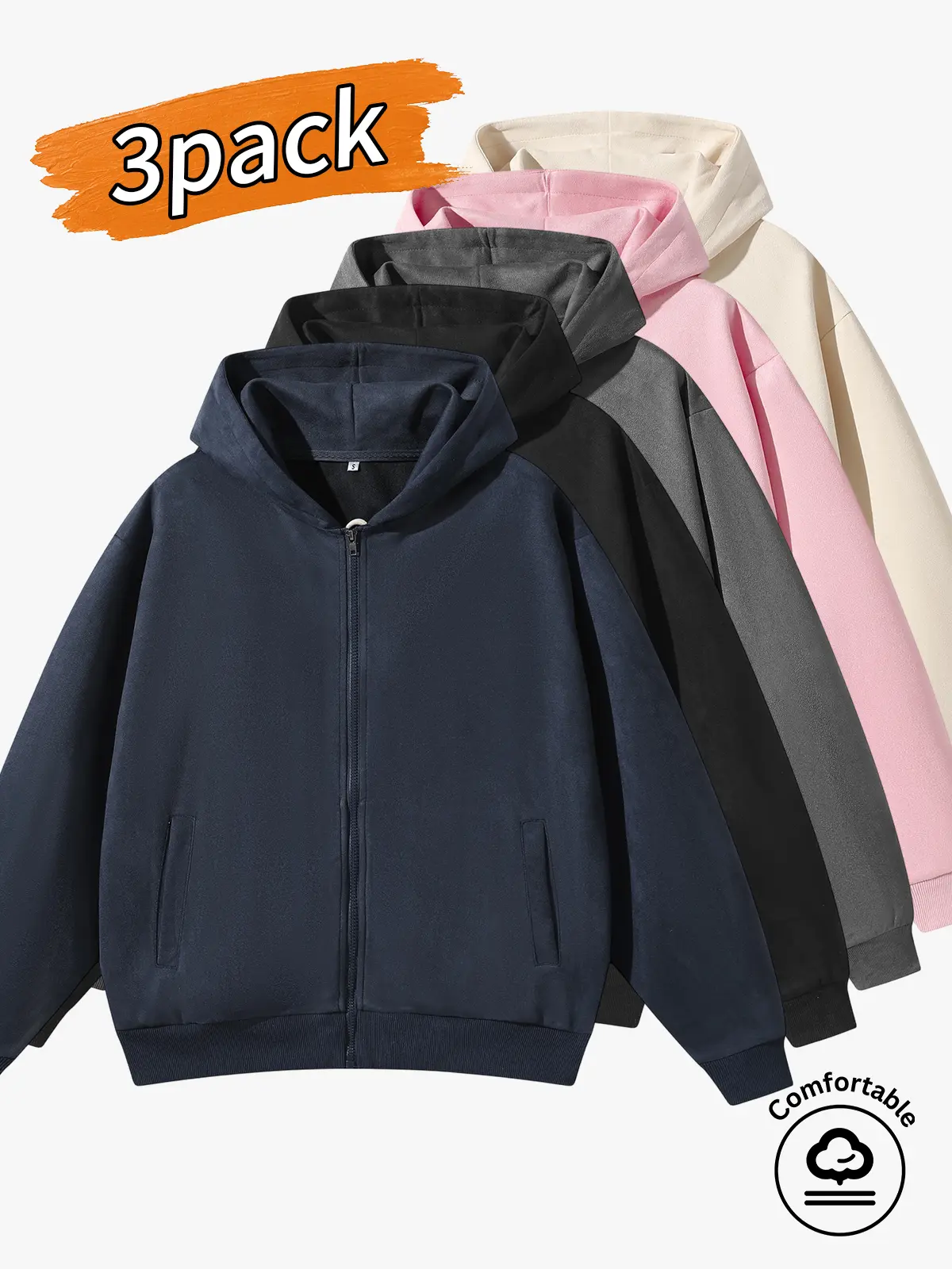 3-pack: men's tops, men's hooded cardigans, men's solid-color zip-up hoodies.Simple solid-color loose hoodie, a basic versatile casual top with ribbed cuffs at the sleeves and hem, offering moderate stretch and wind protection to keep you warm. Suitable f