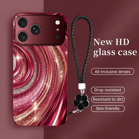 Luxury rose gold swirl phone case with flower lanyard, glitter pink art aesthetic cover for iPhone 18 17 16 15 14 13 12 11 Pro ProMax/Samsung Galaxy S25 S24 S23 Note --985