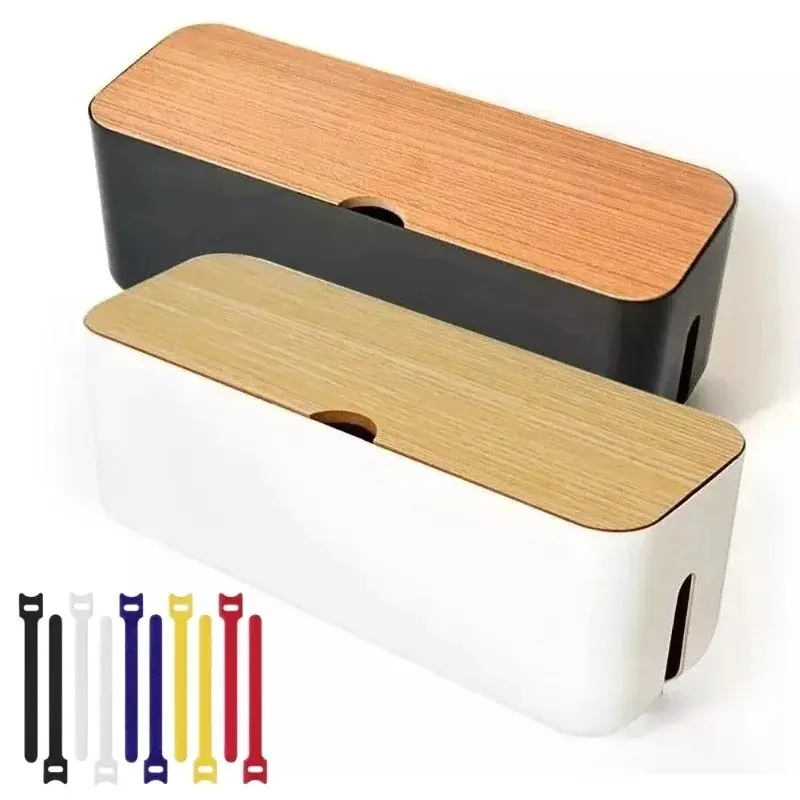Cable Management Box with Bamboo Lid – Wire Organizer Cover for Power Strip, Charger & Cords, Home Office Desk Storage