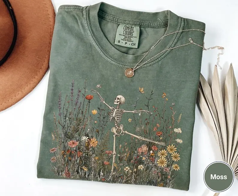 Comfort Colors Skeleton Dancing Arabesque Wildflower Shirt - Cottagecore Botanical Floral Tee, Vintage Nature Lover Illustrative T-Shirt Top