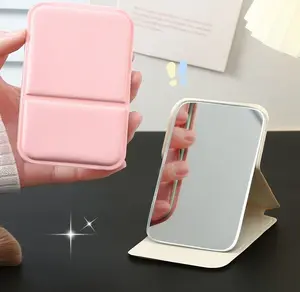 One portable makeup mirror made of leather, a foldable travel mirror, suitable as a gift, travel essential, cosmetic organizer, easy to store, and a school supply | Mirror, Travel Essential, Mini Mirror, Dressing Table with Mirror (Pink)