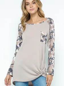 Block Top Long Sleeve Round Neck Loose Fit Pullover Casual Camouflage Print Shirt With Front Pocket | Made in USA Casual Comfort Fashion Women Fashion Women