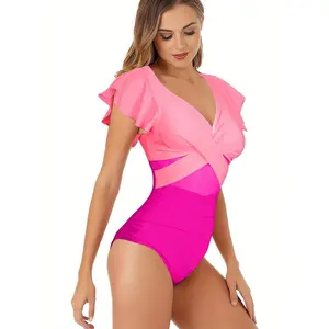 Women's one-piece swimsuits, belly cinching swimsuits, lotus leaf sleeve mesh swimsuits, full-coverage swimsuits