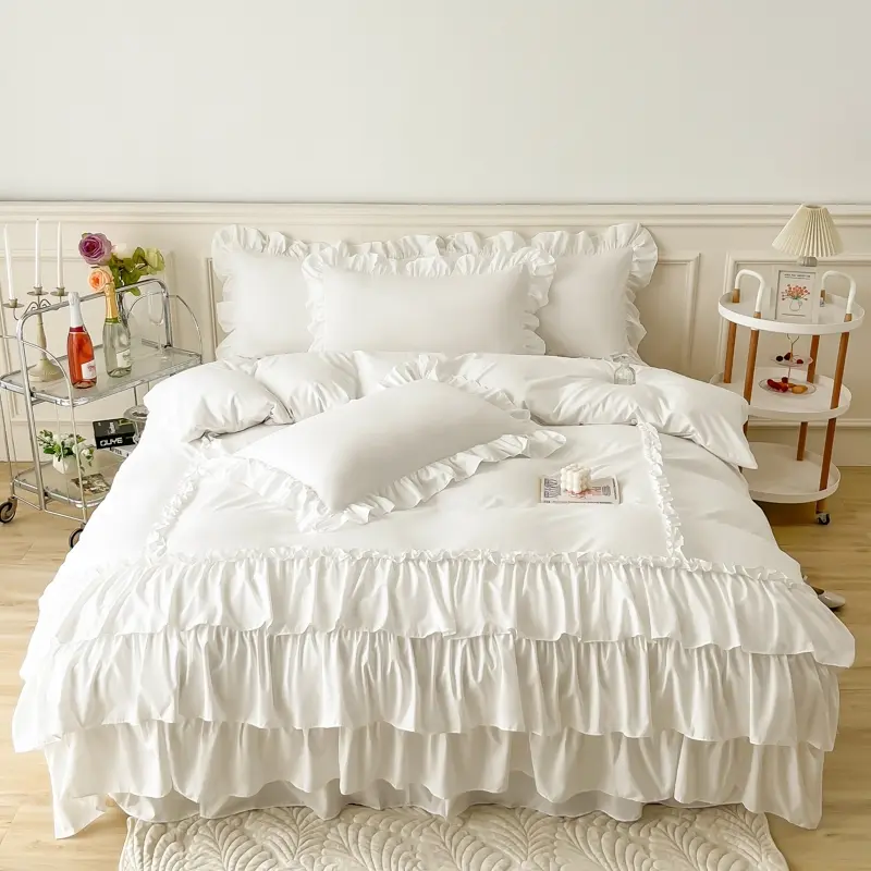 3-Piece Cake Double Layers Ruffles Bedding Set with zipper, Includes 1 Duvet Cover & 2 Pillowcases, 110g/m2 fabric All-Season Use, Soft & Breathable Machine wash, Soft Bedding Sets Ruffled Bedding Set