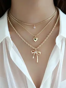 3-Piece Bow Heart Pendant Necklace Set, Chunky Necklace, Fashionable Layered Jewelry for Women, Perfect for Daily Wear, Dates, Parties, and Gatherings