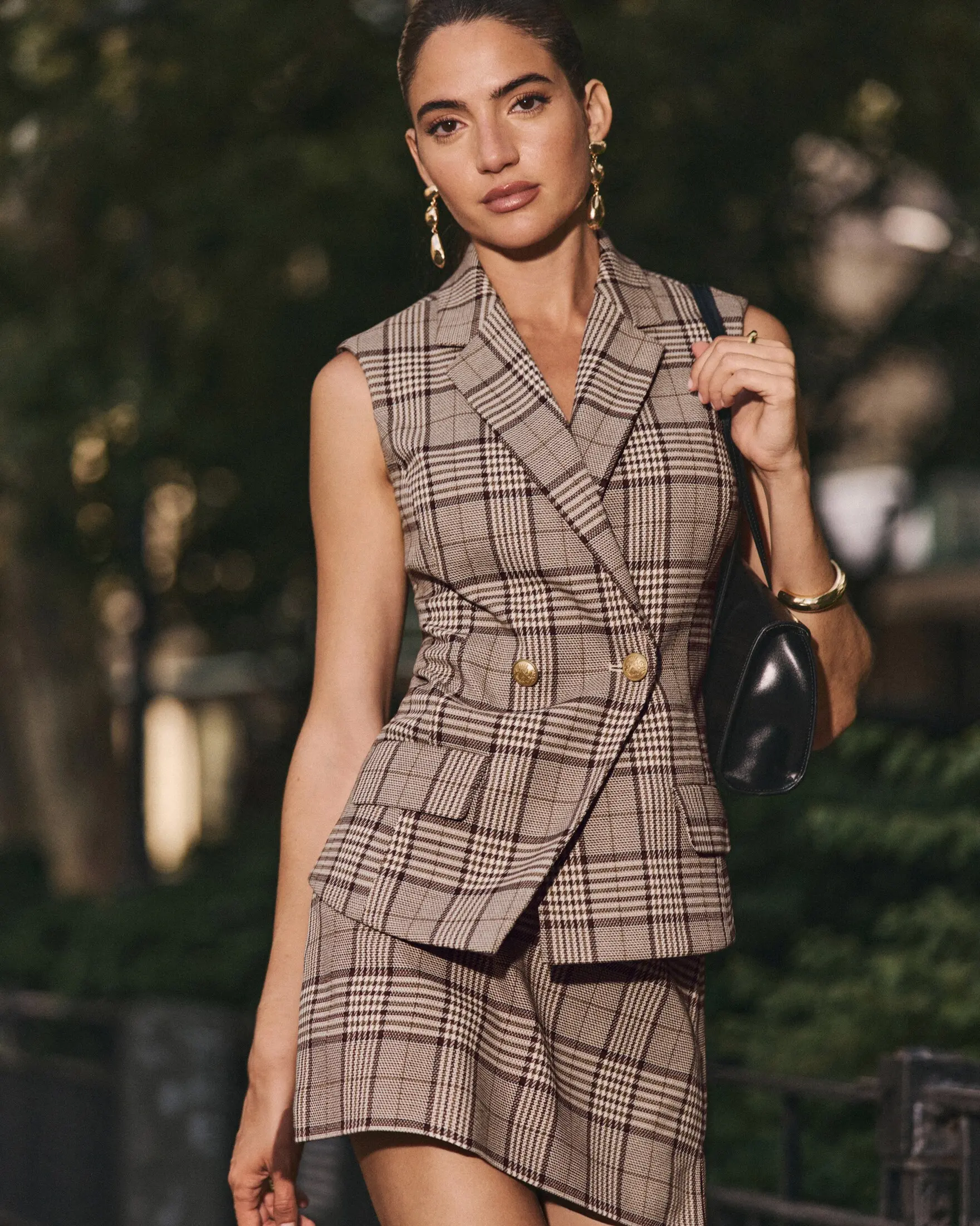 Express Plaid Notch Lapel Double Breasted Blazer Vest