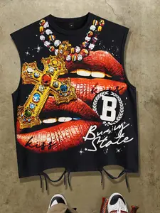 Gold necklace printed vest men's and women's red lip vest American retro 2026 summer new unisex sleeveless T-shirt shirt European and American street fashion brand vest fashionable casual vest nightclub party vest music festival clothing vest Y2K