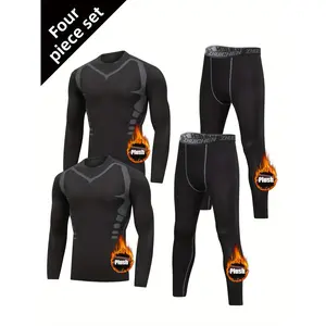 4pcs Fleece-Lined Sports Set for Men: Autumn and Winter Warm Workout Gear, Tight-Fit Running Clothes for Morning Jogging and Night Training value pack men winter base layer long sleeve turtleneck t-shirt thermal underwear fleece
