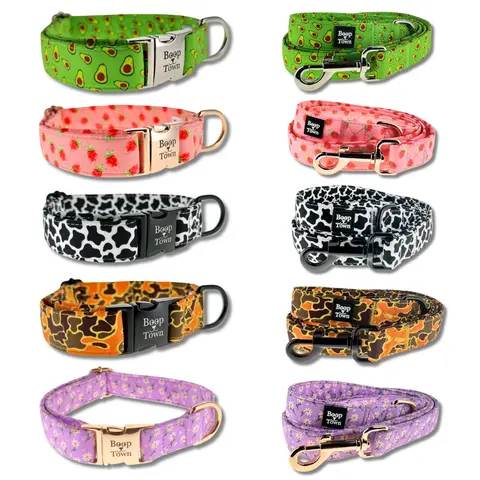 Boop Town Matching Dog Collar and Leash Set - 1" Thick Control Aesthetic Pet Accessories - Soft Cotton, Heavy Duty Nylon Core, Quick Release Metal Buckle - Adjustable for XS-S-M-L-XL Dogs - Hair Reduction, Instant Style for Everyday Adventures