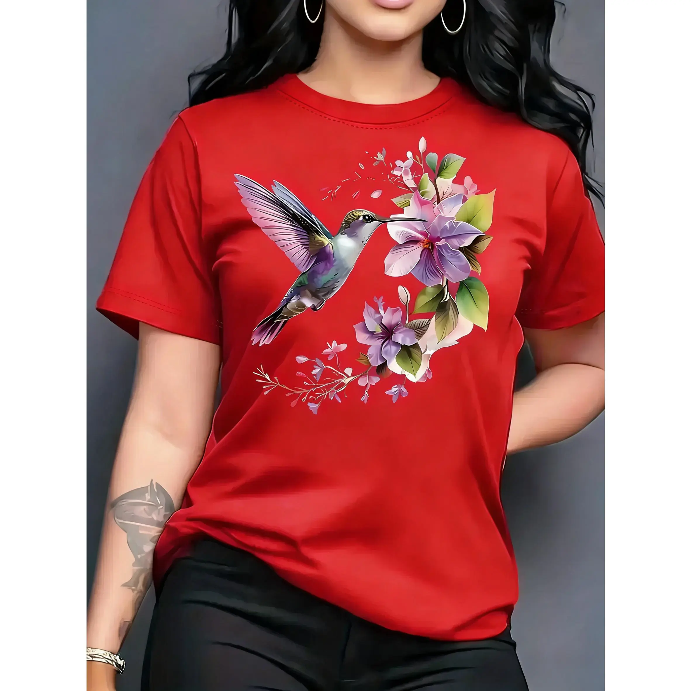 100% Pure Cotton Women's T-Shirt, Multiple Colors Available, Comfortable Wear, Suitable for All Seasons, Hummingbird Flower Spring Summer Print Women's Casual Round Neck Short Sleeve T-Shirt