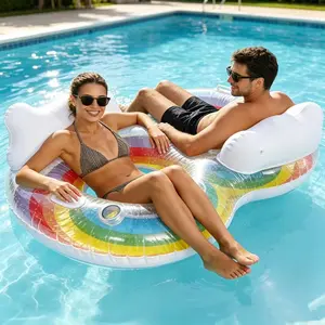 Thickened double-person sequined rainbow cloud swimming ring, a swimming ring with handles, backrest, and cup holder, a relaxing double-person water lounge chair, a rainbow inflatable floating boat, suitable for swimming pools, lakes, and beaches