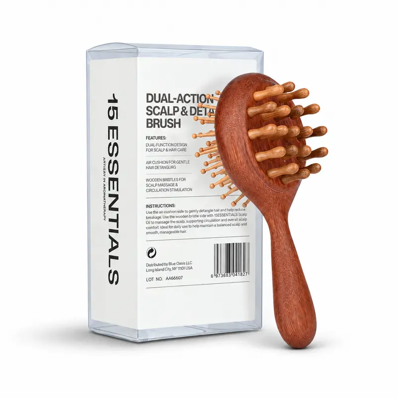 15 ESSENTIALS 2-in-1 Wooden Brush Comb - Unisex ASMR Head Massager, Anti-Frizz Breakage Reducer, Wide-Tooth Detangler for Curls & Coils, Dry Hair, Dandruff Care, Hair Growth, Sensitive Scalp, Summer Hairstyle Paddle
