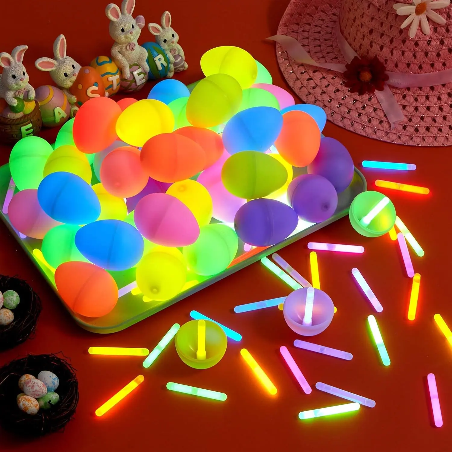 50 Fluorescent Glow Sticks Light Up Easter Eggs, Perfect for Kids Teens Adults, Glowing Night Light Basket Fillers Gifts, Egg Hunt Party Favors Assortment, Party Decoration Supplies, Party Favor Packs