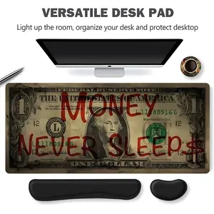 4pcs Cool Money Never Sleeps Dollar Design Mouse Pad + Keyboard Wrist Rest + Ergonomic Mouse Pad + Coaster Set For Desktop Decoration, Office Accessories Set Ergonomic Wrist Support, Computer Mat Mouse Pad Coaster, Gaming Mouse Pads