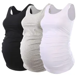【Ecavus】 3 Packs Womens Layering Maternity Tank Top Pregnancy Shirt Scoop Neck Sleeveless Ruched Vest
