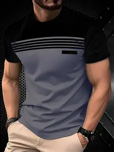 Men's Fashion Colorblock Short Sleeve T-Shirt, Slim Fit Casual Sports Top, Summer Trendy Versatile Wear, Graphic Design, Running Training Top, All Seasons