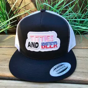 Yupoong Snapback Hat - Titties and Beer Design Flat Bill Blue & White Trucker Cap for Everyday Wear mens hats