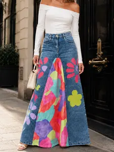 Women’s Trendy Colorblock Patchwork Denim Maxi Skirt, High Waist Graphic Panel A-Line Jean Skirt, Boho Streetwear Statement Long Skirt
