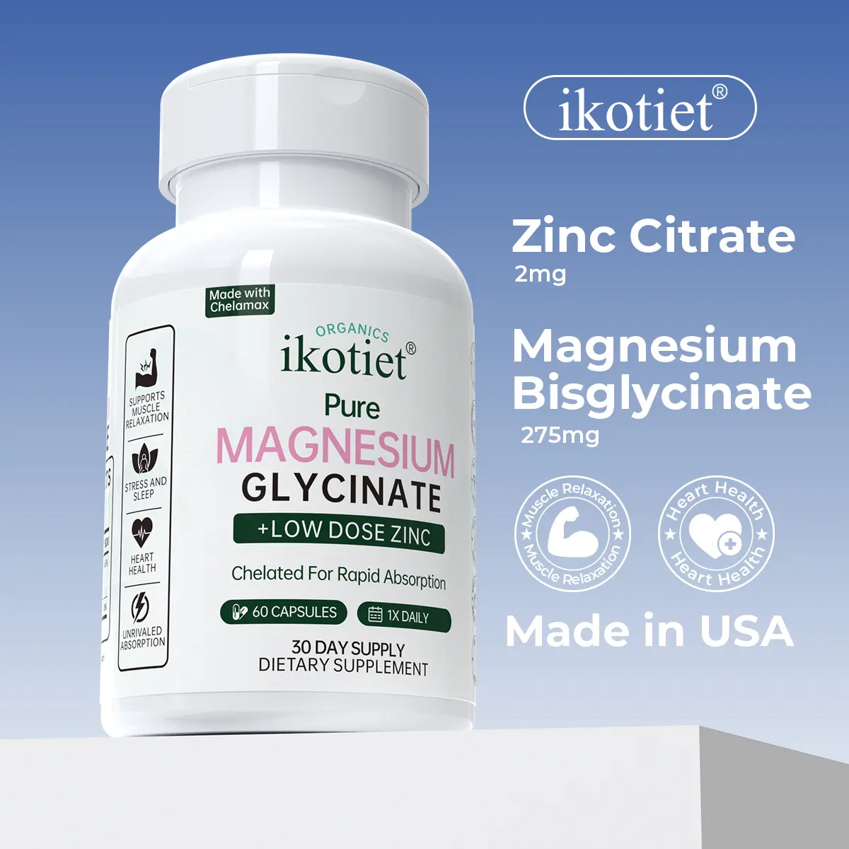 ikotiet Magnesium-Zinc Formula | Magnesium Glycinate 275mg + Zinc Citrate 2mg | Stress Management + Muscle Recovery + Heart Health | Dead Sea Mineral Formula | 120 Capsules