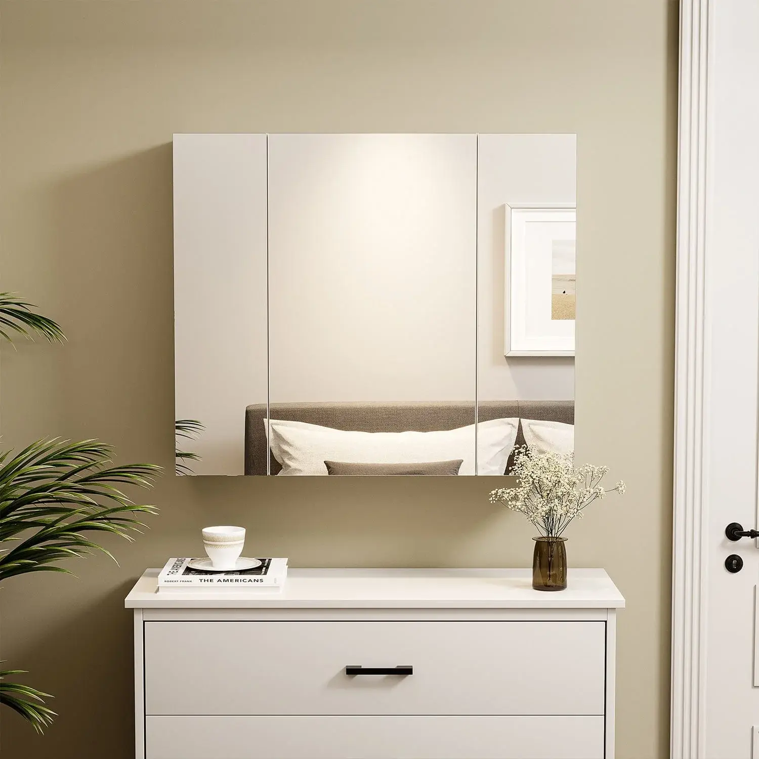 SIKAIC Wall Mounted Medicine Cabinet with Mirror, White Bathroom Storage Cabinet with Adjustable Shelves