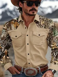 Men’s Fashion Camouflage Spliced Button Shirt, Unique Design, Creates Stylish Casual Tough-Guy Image for Men, Casual Wear, Polyester Fabric, High-Quality Texture, Suitable for Gifting, Traveling Menswear Outdoor gifts for dad v neck shirt