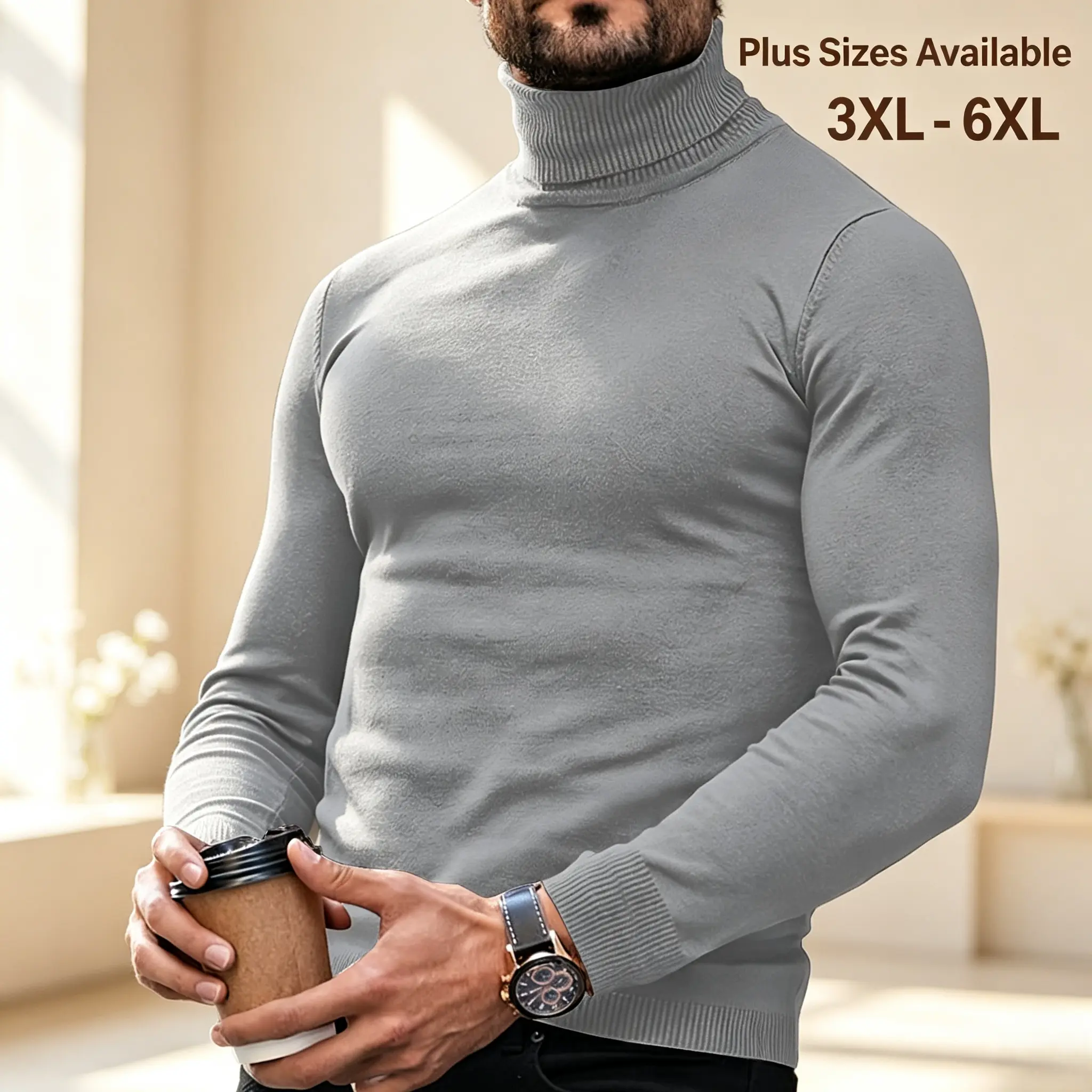 Men's Plus Size Turtleneck Knit Sweater (3XL-6XL) - Big & Tall Menswear, Slim Fit Solid Color Long Sleeve Pullover with Soft Stretchy Fabric, Office Business Casual Base Layer for Fall Winter Coats Pairing, Matching