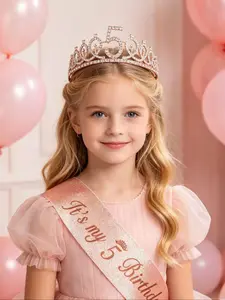 Sparkly Number Birthday Crown & Sash Set, Luxury Rose Gold Rhinestone Princess Tiara, Kids Girls Birthday Party Hair Accessories Set Gift