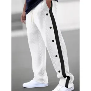 Men's Textured Contrast Binding Fake Buttons Design Drawstring Waist Pants, Casual Breathable Comfortable Slant Pocket Straight Leg Trousers for Daily Wear, Men's Bottoms for All Seasons
