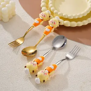 Cute Cartoon Style Spoon Fork Set, Baby Feeding Spoon, Children Student Stainless Steel Spoons and Forks, Fun and Cute Design