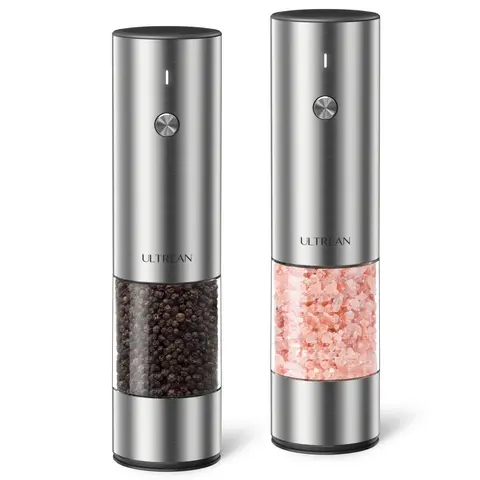 Ultrean 2PCS Rechargeable Electric Salt Pepper Grinder & Shaker Set - ABS, LED Light, 6 Levels Adjustable Grind Size, 1-Button Spice Control, 1-Hand Operation, Stainless Steel Kitchen Utensils, Ceramic Core, 70ml, Seasoning Gadgets, Home Kitchen Gift