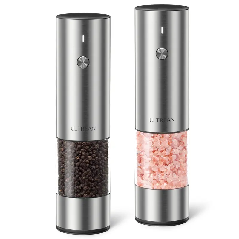 Ultrean 2PCS Rechargeable Electric Salt Pepper Grinder & Shaker Set - ABS, LED Light, 6 Levels Adjustable Grind Size, 1-Button Spice Control, 1-Hand Operation, Stainless Steel Kitchen Utensils, Ceramic Core, 70ml, Seasoning Gadgets, Home Kitchen Gift