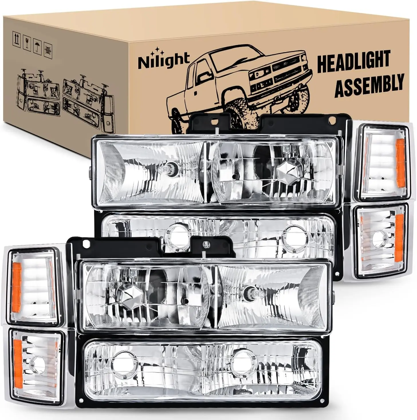 Nilight Headlight Assembly Compatible with 1994 1995 1996 1997 1998 Chevy Silverado Tahoe Suburban C10 C/K 1500 2500 3500 Replacement Headlamp Chrome Housing Amber Reflector Bumper Corner Lamp switchback leds v8 raptor driver side, Truck, Led Car Lights