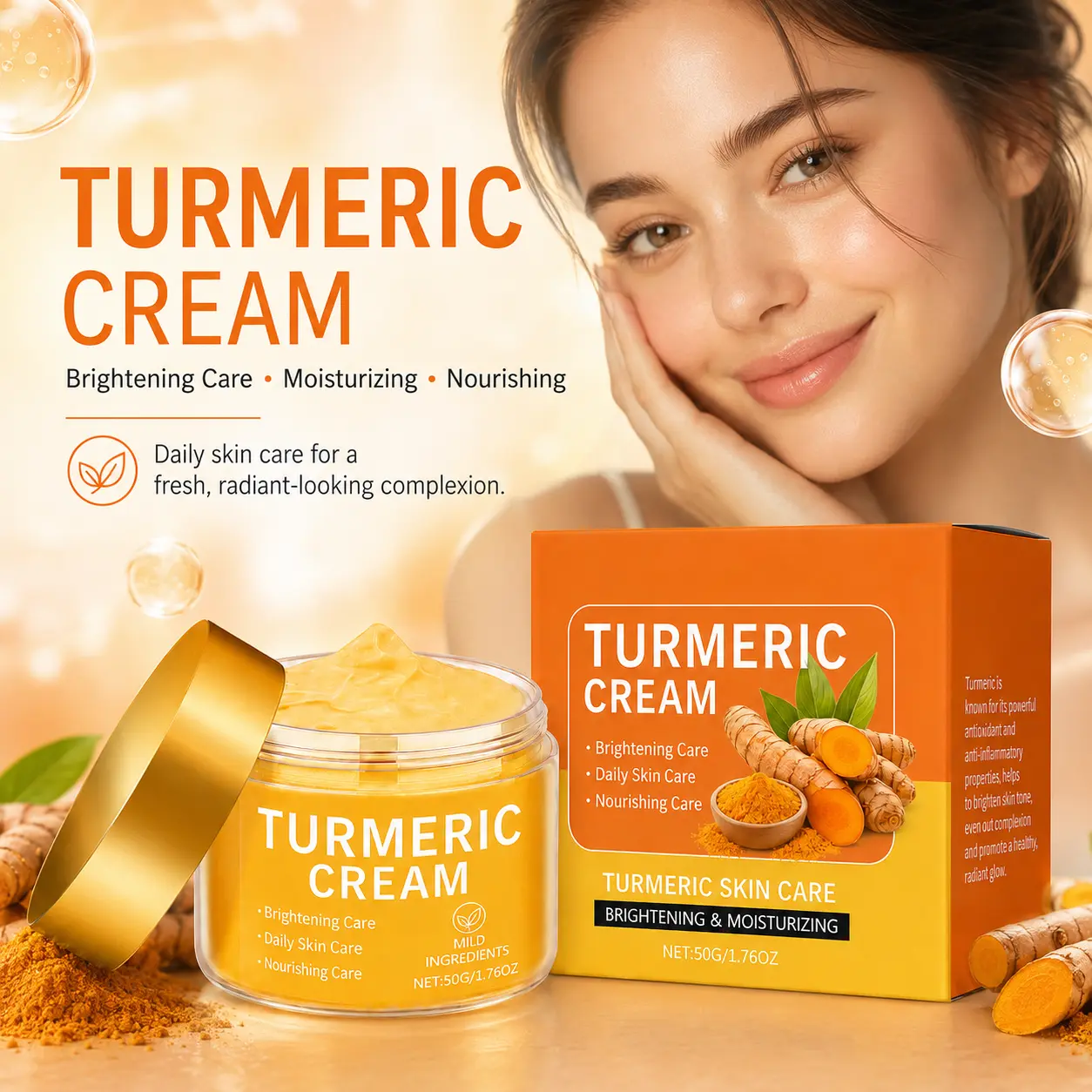 Turmeric Face Cream, Gentle Hydrating & Nourishing Moisturizer, Brightening Daily Facial Cream for Soft, Smooth & Radiant-Looking Skin, Face Care for Women & Men