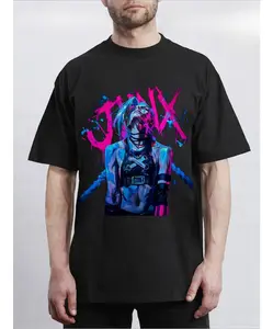 Jinx Graphic Tee, Casual Short Sleeve Crew Neck T-Shirt, Sporty Streetwear, Trendy Unisex Everyday Top