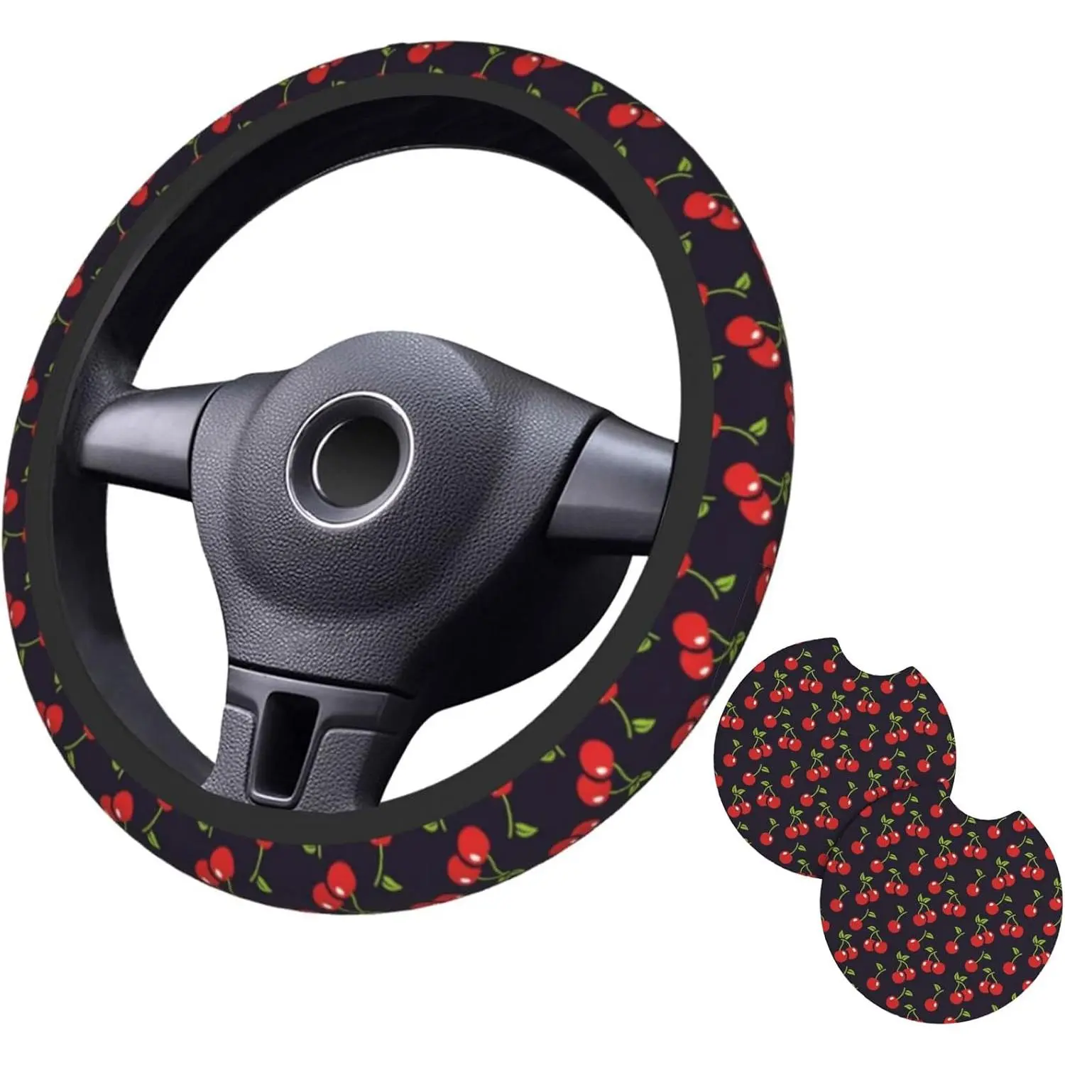 15 Inches Diameter Neoprene Anti-Slip Cherry Steering Wheel Cover with 2 Coasters, Automotive Interior Decoration Accessories for Ladies (Ideal for Thanksgiving, Holidays, Birthdays), Absorption