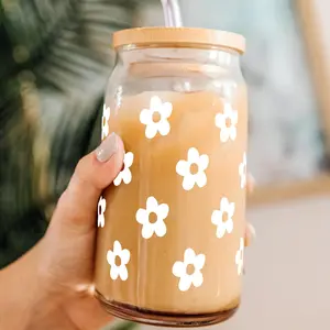 Daisy 16oz Glass Can Cup with Lid and Straw, Iced Coffee Drinkware, Gift for Her, water bottle for women, floral tumbler, Bamboo, Reusable, Bottled, Silicone