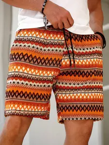 Men's Plus Size Jacquard Shorts, Casual Chevron Pattern, Mid Waist Drawstring, Fitted Summer Streetwear, Daily