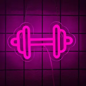 Gym Neon Sign Barbell Dumbbell Shaped Neon signs Pink Neon Lights Up Vibrant Glow Gym Wall Stickers for Fitness Club Decor LED Sign for Teen Girls Teen Sports Room Game Room Decor