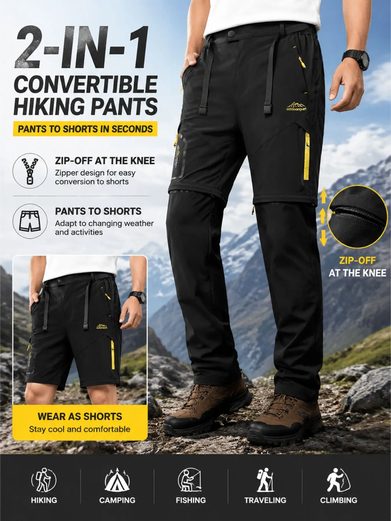 Men's Detachable Quick-Dry Fabric Outdoor Cargo Pants, Trouser, Shorts, Summer Lightweight, Multi-Pocket, Adjustable Waist, Ideal for Hiking and Camping