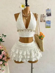 YULENA Women Starfish Trim Cropped Halter Top And Cake Skirt 2 Piece Set Carnival Party Beach Wedding Outfit