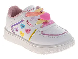 Sweethearts Toddler Girls' White Trainers - Lightweight, Adjustable, All-Seasons, Lace-Up, Rainbow Laces, Heart Charms, Fashionable Casual Comfort Shoes