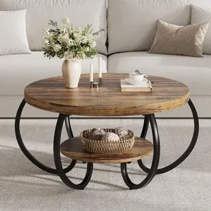 Round Coffee Table 30 in Center Table, 2-Tier Coffee Table Industrial Center Tables with Adjustable Feet, Living Room Tables with Storage Shelf and Designed Wood Grain, Easy Assemble
