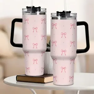40oz Pink Bow Coquette Tumbler with Handle, Insulated Stainless Steel Travel Cup, Cute Reusable Coffee Mug with Straw & Lid, Gift for Women