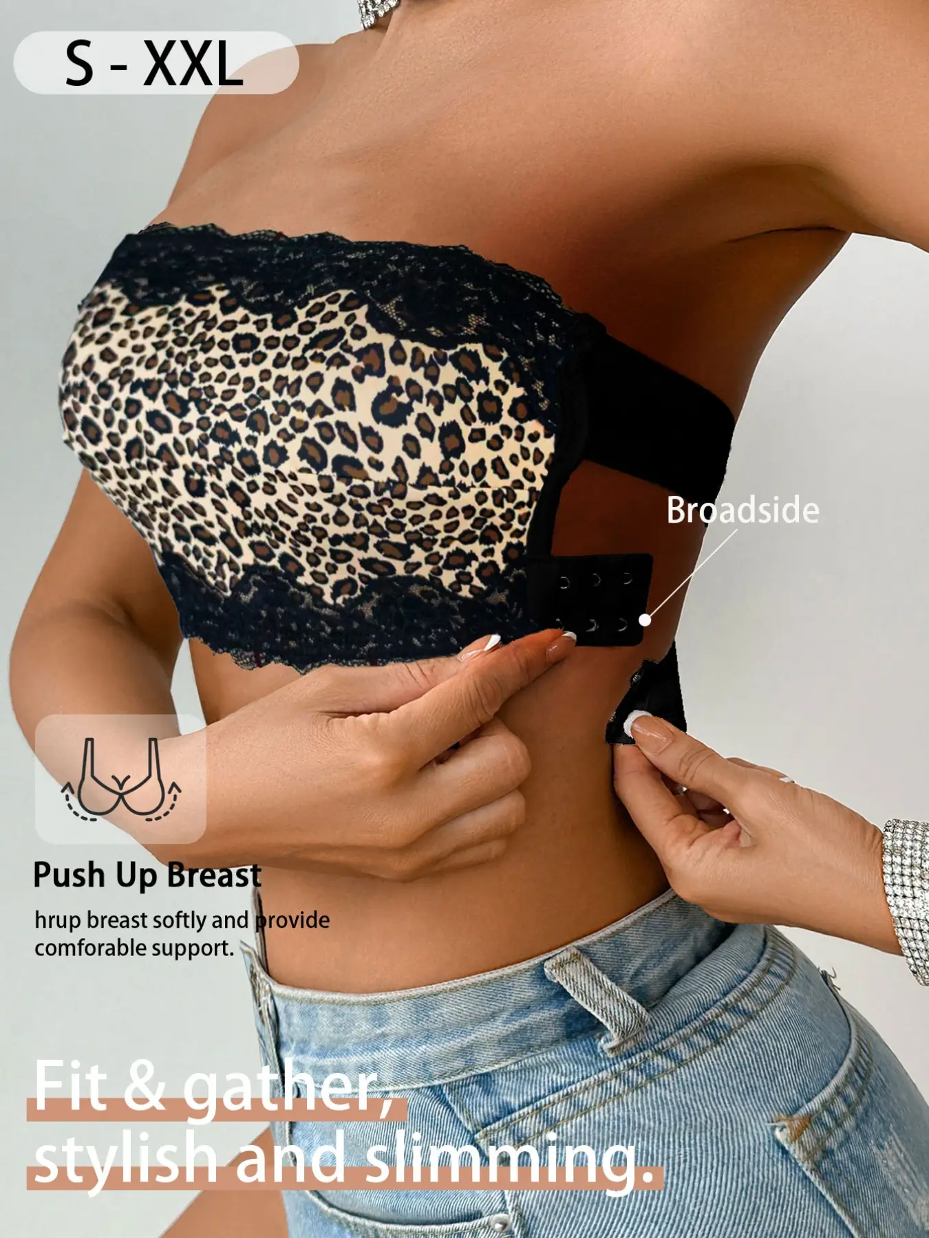 Women's Strapless Invisible Bra, Lace Patchwork Leopard Print, Medium Support, Fitted, All Seasons, Sexy Bralette, Comfortable Tank Top Bra, Bra Tank Tops