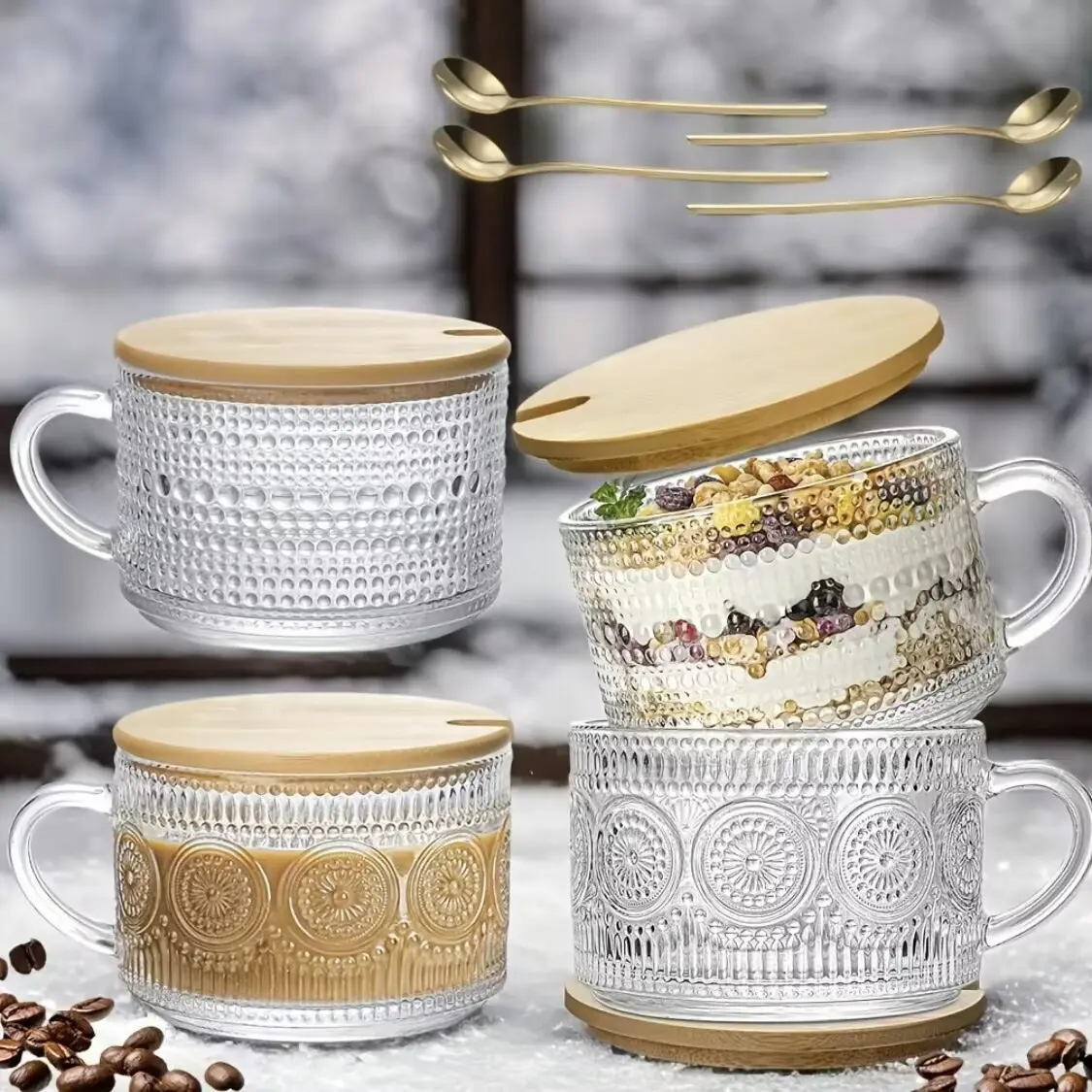 1/2 Pcs Vintage Glass Coffee Mugs Set, Drinkware, Reusable, 14 Oz Food Grade BPA Free with Bamboo Lids & Stainless Steel Spoons, Dishwasher Microwave Safe Heat Resistant Tumbler for Latte Tea, Ideal Gift for Coffee Lovers Housewarming Birthday