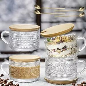 Viral Aesthetic 1/2/4 Pcs Vintage Thickened Glass Coffee Mugs Set, 14 Oz Food Grade BPA Free Cups with Bamboo Lids & Stainless Steel Spoons, Dishwasher Microwave Safe Heat Resistant Tumbler for Latte Tea, Ideal Gift for Coffee Lovers Housewarming Birthday