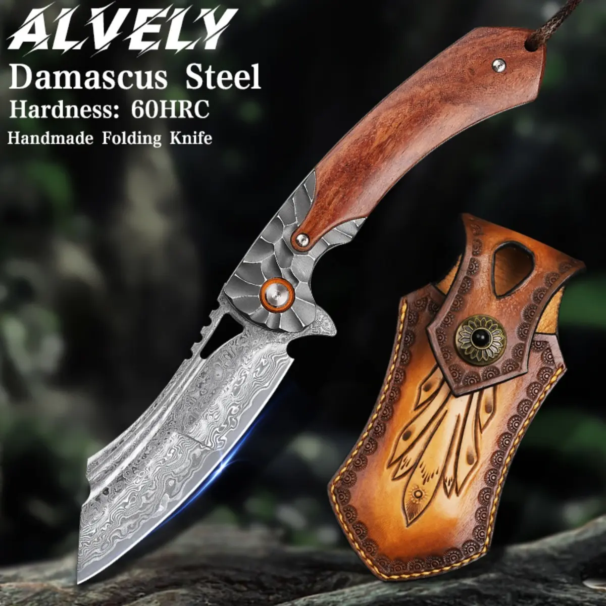 ALVELY Handcrafted High-Quality Damascus Steel Folding Knife - High Hardness Sharp Blade, Rosewood Handle, Wire Lock, Leather Sheath, Pocket Clip, Men's EDC Outdoor Mountaineering Tool, Father's Day Christmas Gift, High Hardness Knives