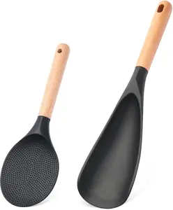 [New Deal] - 2 Pcs Silicone Cooking Spoons for Nonstick Cookware - Wooden Handle Rice Scooper & Serving Spoon, BPA-Free Matte Silicone - Great for Mixing, Scraping, and Stirring