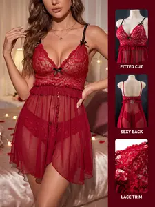 Elegant Lace Spliced Ruffle Hem Cami Dress Set with Thong Panties, Cross Strap Bow Design, Half Transparent Fashion Underwear